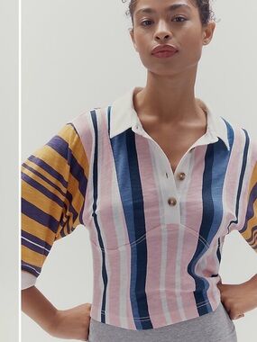 Pilcro Corset-Inspired 3/4 Sleeve Polo Shirt